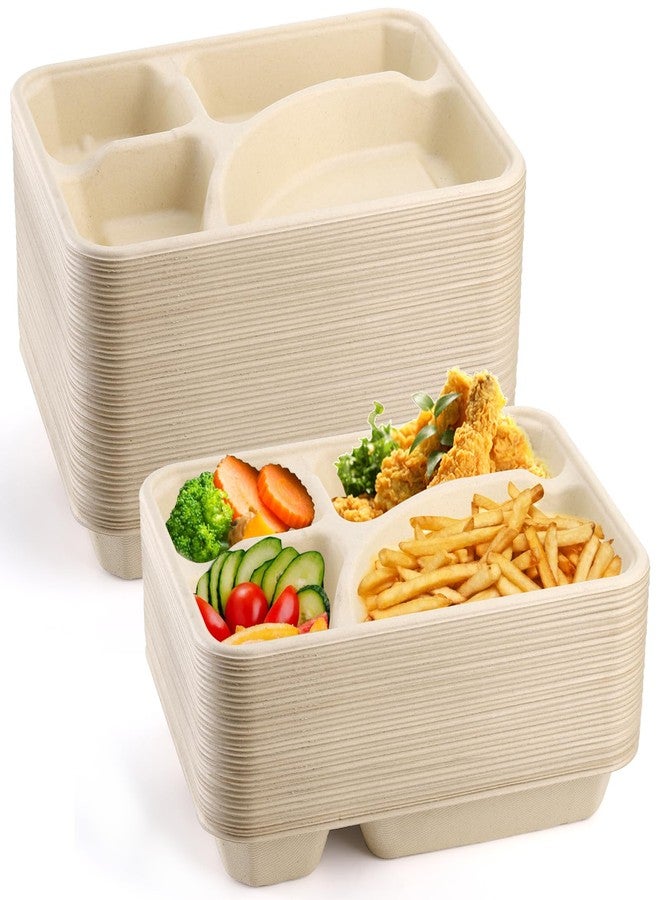Lyellfe أطباق ورقية قابلة للتحلل 50 حبة من لييلف، طبق طبيعي من قصب السكر 4 أقسام، صينية غداء قوية، طبق مقسم يمكن التخلص منه، آمن للاستخدام في الميكروويف والفريزر للحفلات والمدارس - Image 1