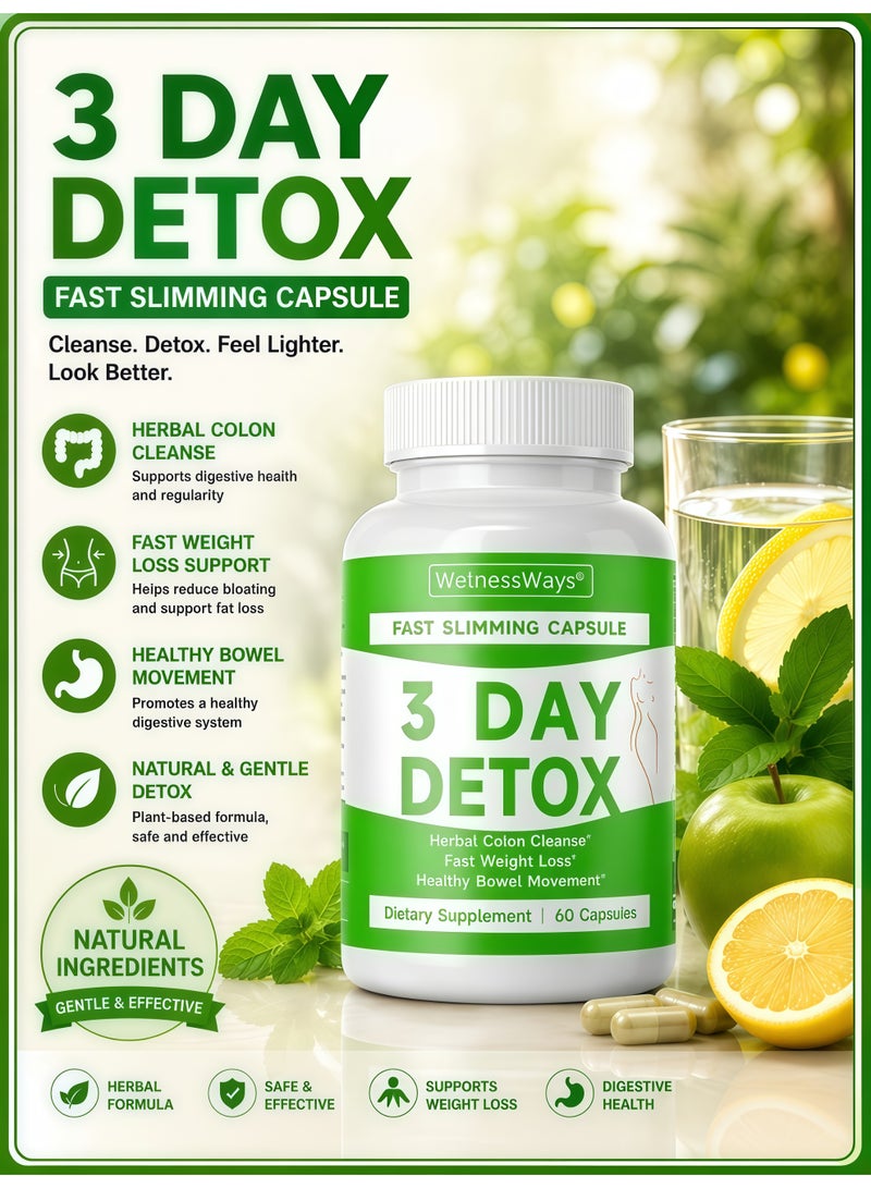 3 Day Detox Fast Slimming Capsules | Herbal Colon Cleanse for Healthy Weight Management & Bowel Support - 60 Capsules