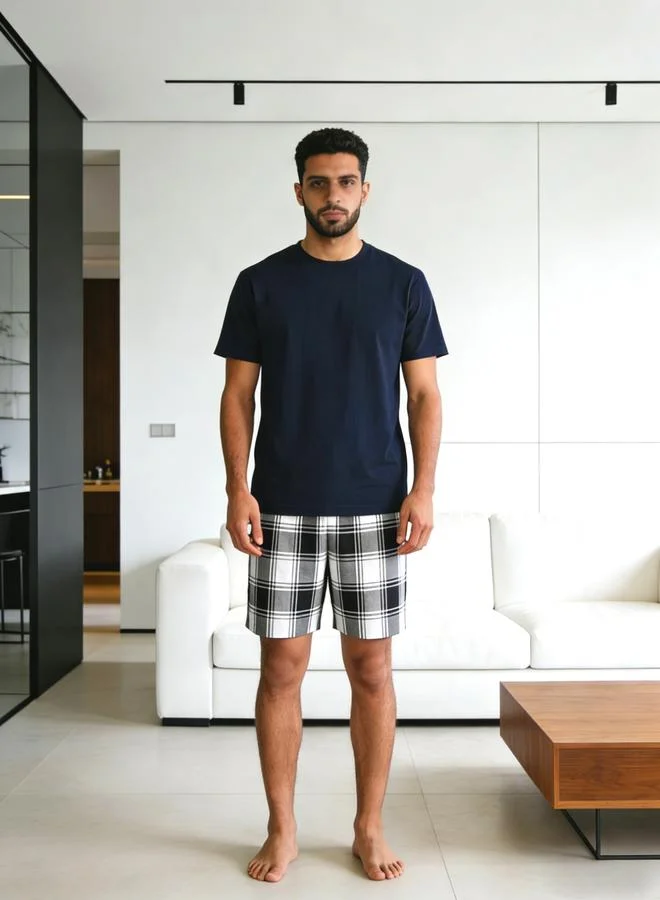 Take Two Men Solid Round Neck T-Shirt and Checked Shorts Set