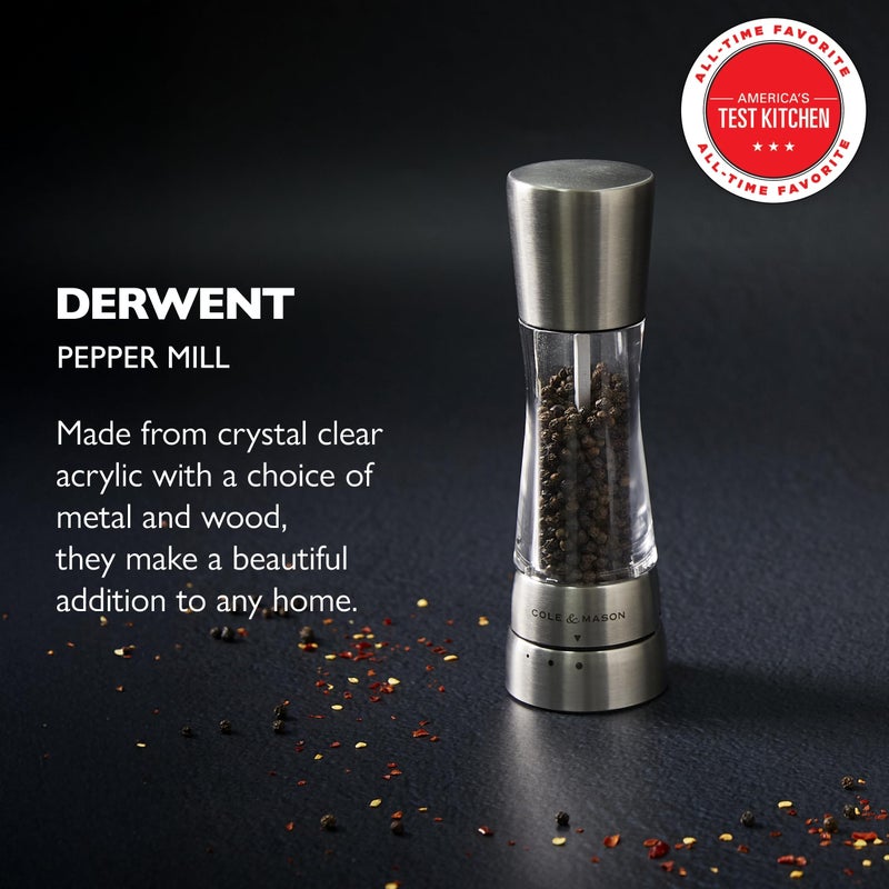 Cole & Mason Derwent Pepper Mill - Refillable Pepper Grinder with Gourmet Precision Mechanisms - Kitchen Accessories for Cooking - Black Peppercorn Grinder for Seasoning - Pepper Mill, Stainless Steel - Image 2