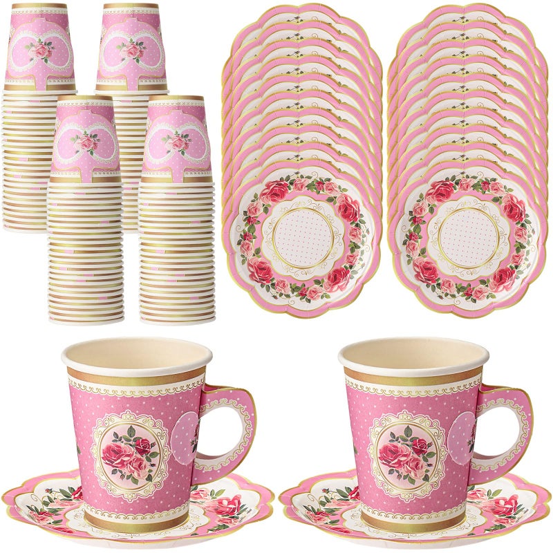 Tioncy 100 Pcs Tea Party Decorations Include 50 Pieces 9 oz Paper Tea Cups with Handle and 50 Plates Disposable Teacups and Saucers Sets for BirthdayFloral