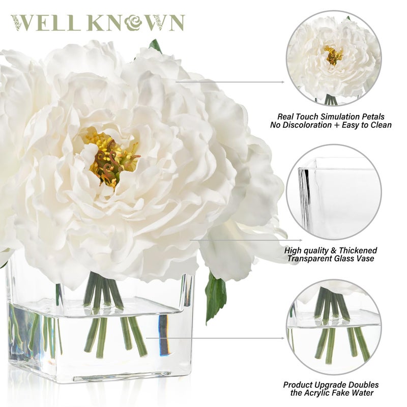 WELL KNOWN Artificial Peonies Flowers Arrangement In Cube Glass Vase  Wellknown Ivory White Silk Flowers Centerpiece For Home Party Wedding Dining Coffee Table Decor  Faux Peony Flower Bouquet With Fake Water - Image 5