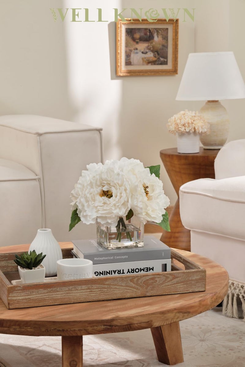 WELL KNOWN Artificial Peonies Flowers Arrangement In Cube Glass Vase  Wellknown Ivory White Silk Flowers Centerpiece For Home Party Wedding Dining Coffee Table Decor  Faux Peony Flower Bouquet With Fake Water - Image 2