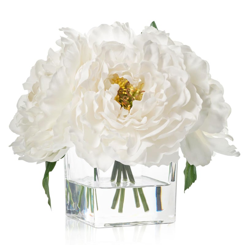 WELL KNOWN Artificial Peonies Flowers Arrangement In Cube Glass Vase  Wellknown Ivory White Silk Flowers Centerpiece For Home Party Wedding Dining Coffee Table Decor  Faux Peony Flower Bouquet With Fake Water - Image 1