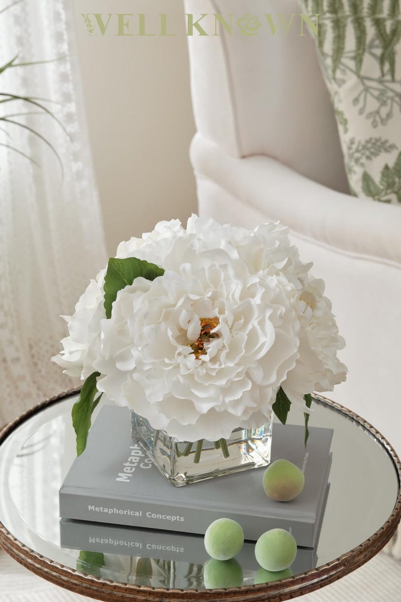 WELL KNOWN Artificial Peonies Flowers Arrangement In Cube Glass Vase  Wellknown Ivory White Silk Flowers Centerpiece For Home Party Wedding Dining Coffee Table Decor  Faux Peony Flower Bouquet With Fake Water - Image 4