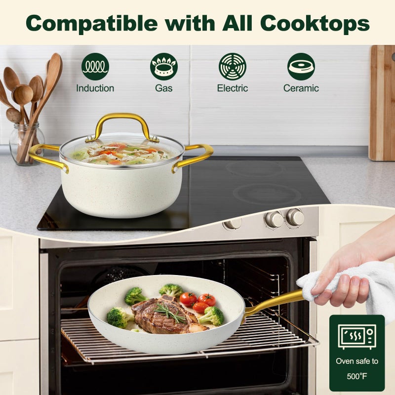M MELENTA Pots and Pans Set Non Stick, 7 Piece White Granite Induction Cookware Set, Nonstick Kitchen Cooking Set with Gold Handle and Utensil, Oven Safe (PFOS, PFOA Free) - Image 5