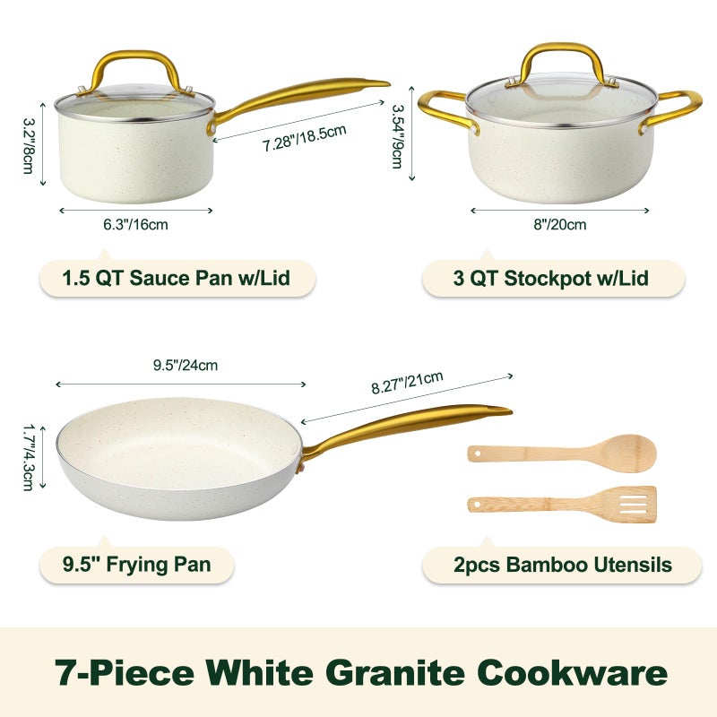 M MELENTA Pots and Pans Set Non Stick, 7 Piece White Granite Induction Cookware Set, Nonstick Kitchen Cooking Set with Gold Handle and Utensil, Oven Safe (PFOS, PFOA Free) - Image 2