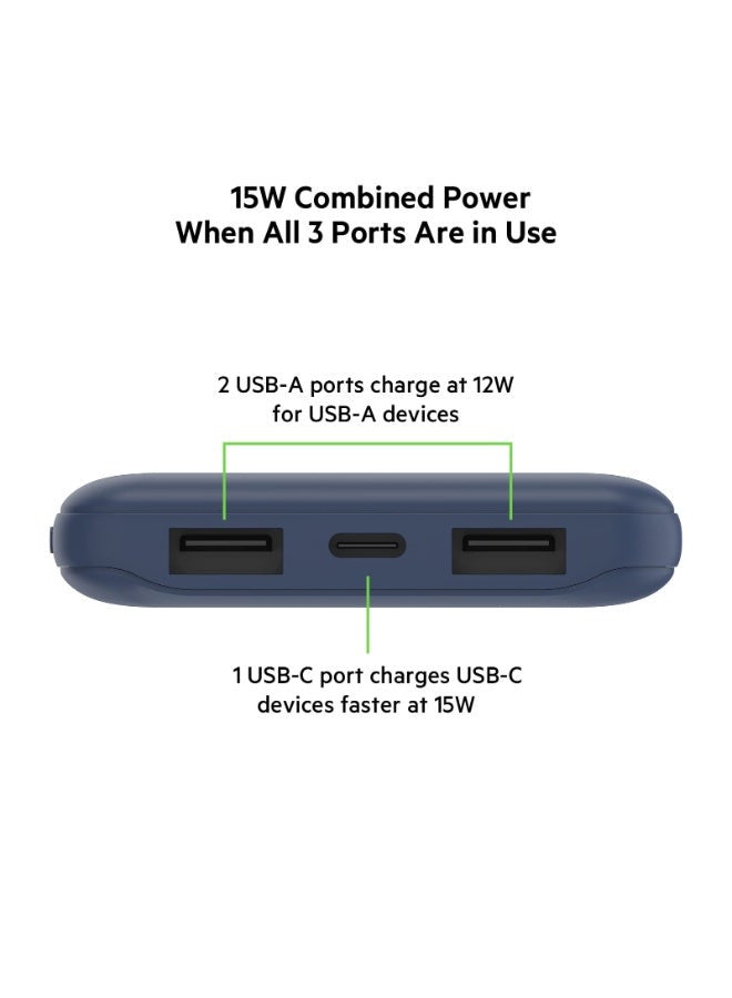 بيلكين باور بنك محمول بمنفذ USB C (10000 مللي أمبير في الساعة مع منفذ USB C ومنفذا USB A لشحن يصل إلى 15 وات متوافق مع أجهزة الآيفون والأجهزة التي تدعم الأندرويد وسماعات آير بودز وأجهزة الأي باد، وغير ذلك المزيد) أزرق - Image 2