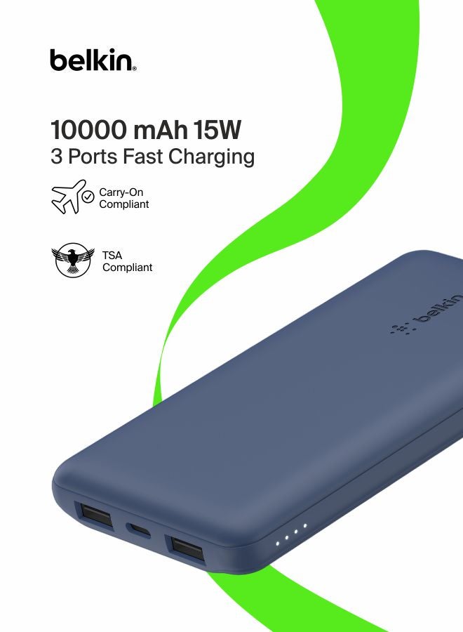 بيلكين باور بنك محمول بمنفذ USB C (10000 مللي أمبير في الساعة مع منفذ USB C ومنفذا USB A لشحن يصل إلى 15 وات متوافق مع أجهزة الآيفون والأجهزة التي تدعم الأندرويد وسماعات آير بودز وأجهزة الأي باد، وغير ذلك المزيد) أزرق - Image 1