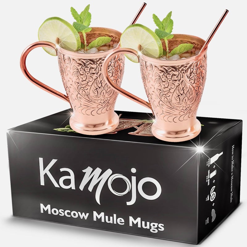 Kamojo Moscow Mule Mugs Set Of 2 - Premium Unique Embossed Design & Anti-Tarnish  Food-Grade Coating - Copper Cups Gift Set With 2 Copper Straws & Recipe E-Book  16 Oz - Image 1
