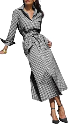 ebossy Women's Cotton Shirt Dress Casual Retro Lapel Long Sleeve Button Down Belted Plaid Maxi Dress with Pockets (Medium, Black) - Image 1