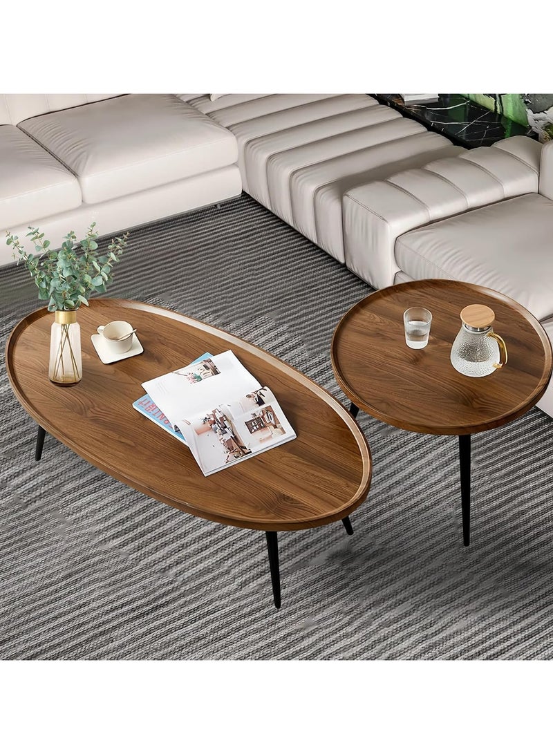 AUTOYSUR طقم طاولتين لغرفة المعيشة، طاولة قهوة مركبة، طاولة شاي مناسبة لغرفة المعيشة وغرفة النوم، طاولة غرفة معيشة كبيرة السعة للتخزين (لون الجوز) - Image 2