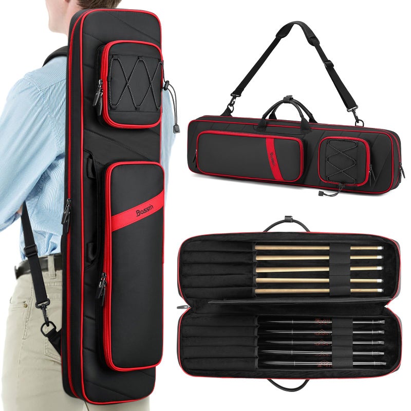 BOSSTIN Pool Cue Case Pool Stick Bag 5x5 with Multiple Pockets Holds 5 Butts 5 Shafts Soft Padded Billiard Cue Backpack with Adjustable Shoulder Straps for Easy Carry Red - Image 2