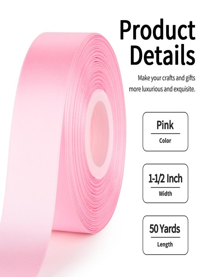 Mauproy 1-1/2 Inch Wide Pink Satin Ribbon, 50 Yards Solid Polyester Fabric Ribbon for Roses Making, Gift Wrapping, Wedding Decorations, Crafts, Bows, Flower Bouquets - Image 2
