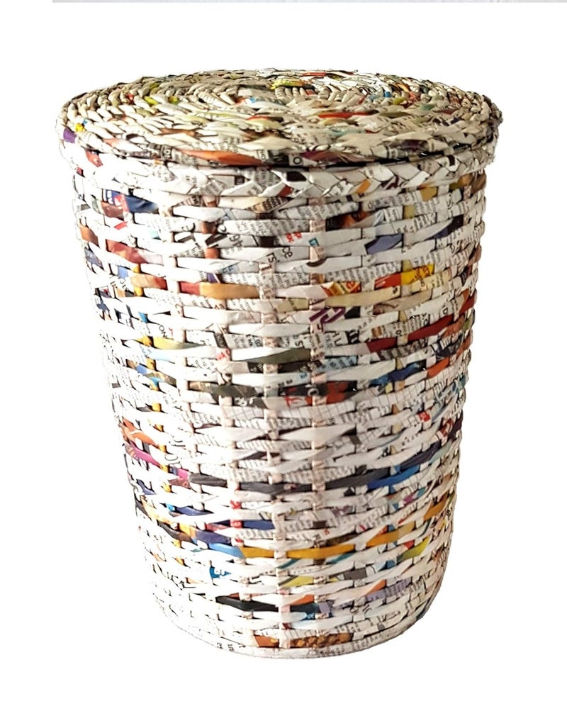 Sonas Creation Paperus Small Size 8 Inch Tall 5 Liter Color Natural Waste Basket with Cover Dustbin with Fixed Lid Trashcan Paper Bin Ecofriendly Handmade of Paper Ropes - Image 1