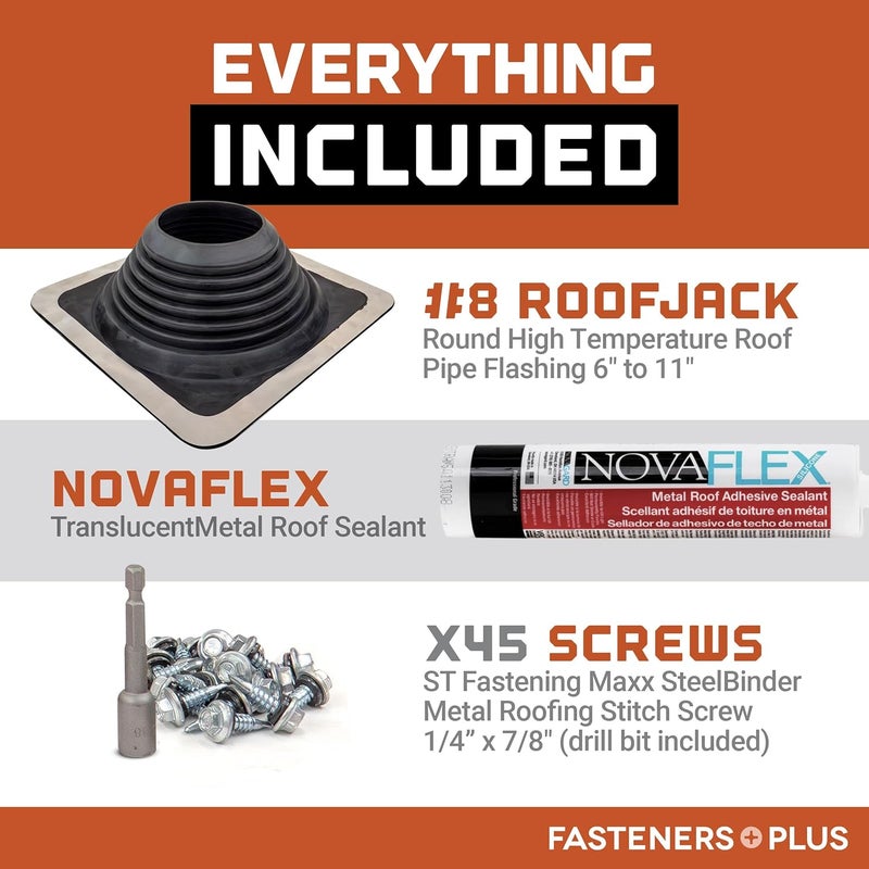 Fasteners Plus Store #8 Square EPDM Metal Roof Pipe Flashing Boot Kit - Fits 6-3/4" - 13-1/2" Pipe OD - Includes Flashing, NovaFlex Sealant & Roofing Stitch Screws - Black (Made in USA) - Image 4