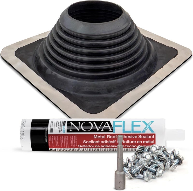 Fasteners Plus Store #8 Square EPDM Metal Roof Pipe Flashing Boot Kit - Fits 6-3/4" - 13-1/2" Pipe OD - Includes Flashing, NovaFlex Sealant & Roofing Stitch Screws - Black (Made in USA) - Image 1