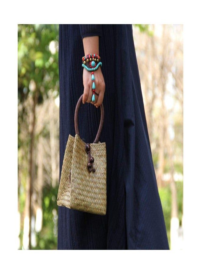 QTKJ Hand-woven Mini Retro Straw Handbag Bag Summer Beach Boho Rattan Tote Travel Bag with Wood Beaded Tassel Pendant (Beige) - Image 3