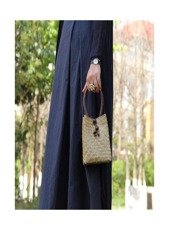 QTKJ Hand-woven Mini Retro Straw Handbag Bag Summer Beach Boho Rattan Tote Travel Bag with Wood Beaded Tassel Pendant (Beige) - Image 2