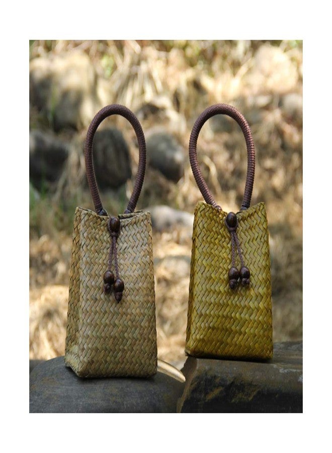 QTKJ Hand-woven Mini Retro Straw Handbag Bag Summer Beach Boho Rattan Tote Travel Bag with Wood Beaded Tassel Pendant (Beige) - Image 4