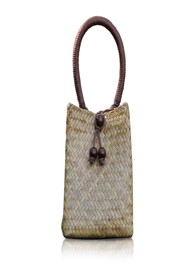 QTKJ Hand-woven Mini Retro Straw Handbag Bag Summer Beach Boho Rattan Tote Travel Bag with Wood Beaded Tassel Pendant (Beige) - Image 1