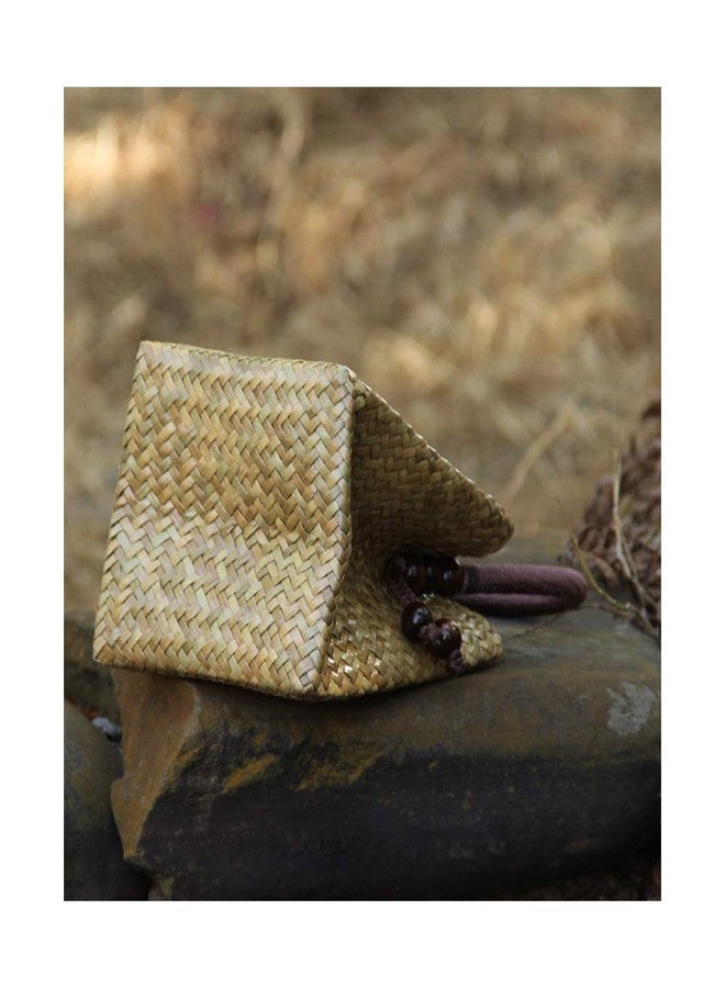 QTKJ Hand-woven Mini Retro Straw Handbag Bag Summer Beach Boho Rattan Tote Travel Bag with Wood Beaded Tassel Pendant (Beige) - Image 5