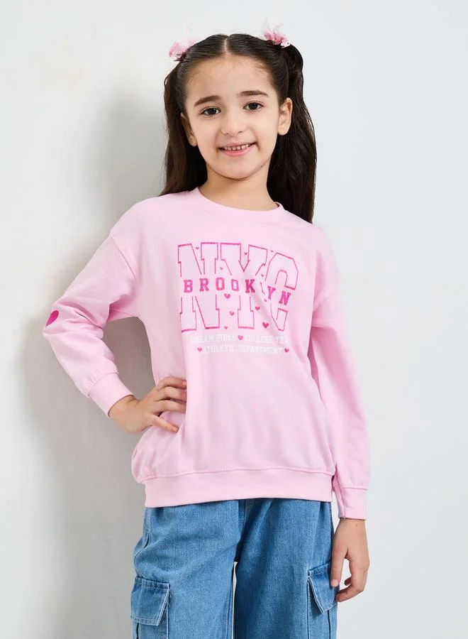Styli Girls Pink NYC Print Oversized Cotton Sweatshirt