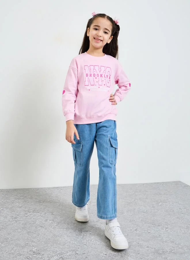Styli Girls Pink NYC Print Oversized Cotton Sweatshirt
