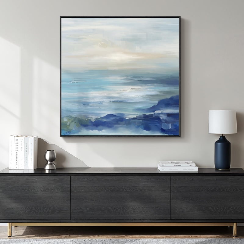 Cuspin Framed Blue Abstract Wall Art for Living Room, Large Coastal Canvas Artwork for Walls Decor, Seascape Square Beach Ocean Minimalist Paintings Prints for Hallway Bedroom Office Wall Decor, 30x30 Inch - Image 1