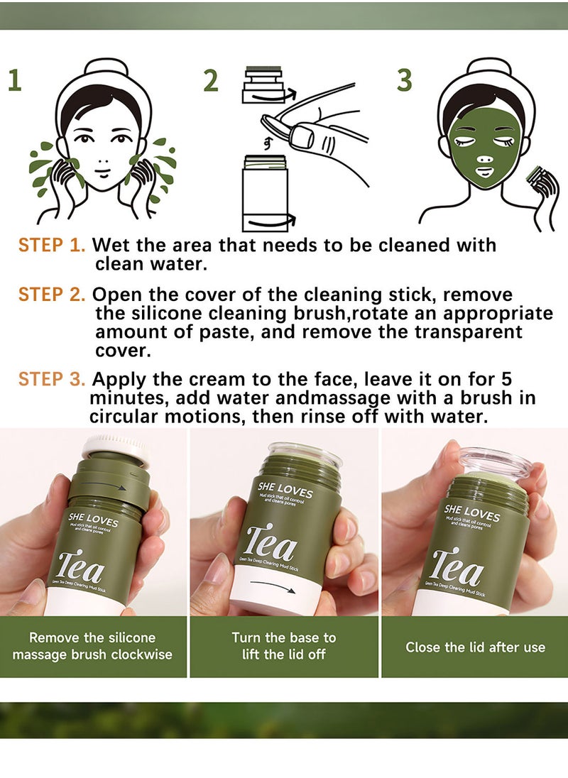 She Loves - Green Tea Deep Clearing Mud Stick Oil Control Deep Cleansing Moisturizing Soft Easy to Remove Mild Face Cleansing to Clean Pores and Soften Cuticle 45g - Image 1