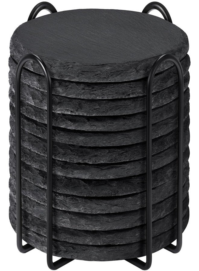 MAPRIAL Slate Coasters with Holder, MAPRIAL 4 Inch Coaster Set of 12 Round Black Slate Stone DIY Coasters with Anti-Scratch Backing for Halloween Christmas, Bar, Kitchen, Home Decor, Gifts for Mom, Dad - Image 1
