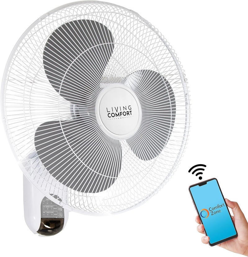 Comfort Zone Oscillating Wall Mount Fan with Adjustable Vertical Tilt, 16 inch, 3 Speed, Metal Grille, 90 Degree Oscillation, 3 Modes: Normal, Pulse, and Sleep, 4H Timer, & Wi-Fi App Control, White - Image 1