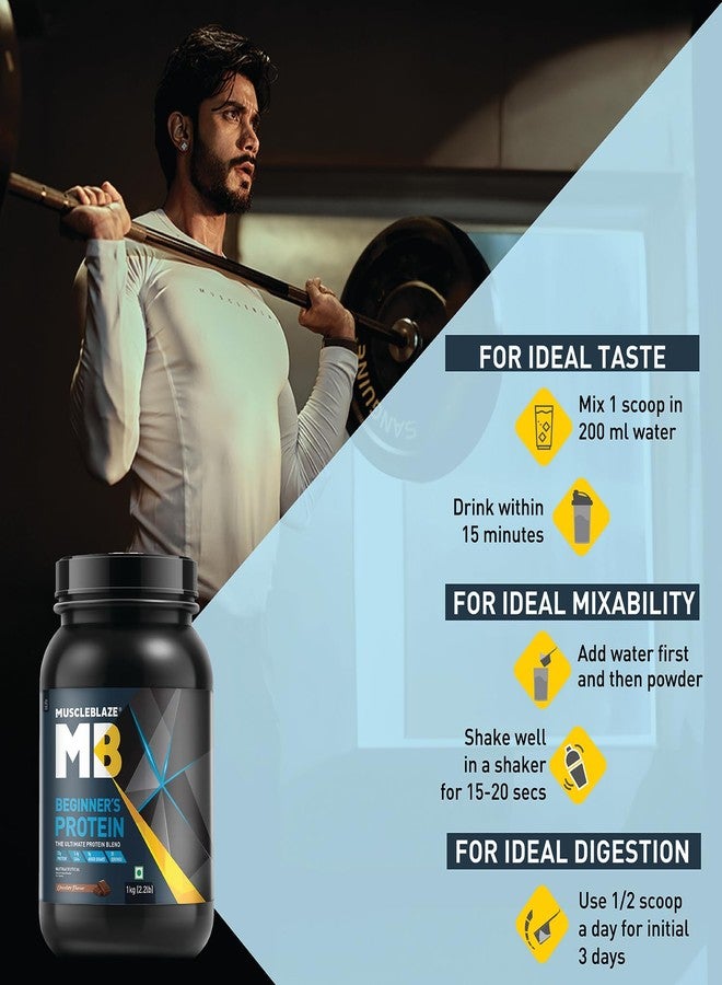 MuscleBlaze Beginner's Whey Protein Powder (Chocolate, 1kg) with Shaker | Combo Pack | 12g Protein per Scoop - Image 3