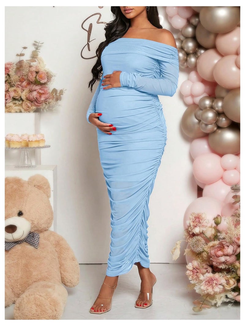 OYOANGLE Women's Maternity Dress Off the Shoulder Long Sleeve Ruched Elegant Bodycon Maxi Dresses Blue Large - Image 4