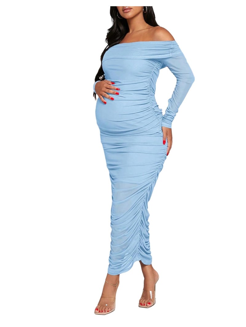 OYOANGLE Women's Maternity Dress Off the Shoulder Long Sleeve Ruched Elegant Bodycon Maxi Dresses Blue Large - Image 1
