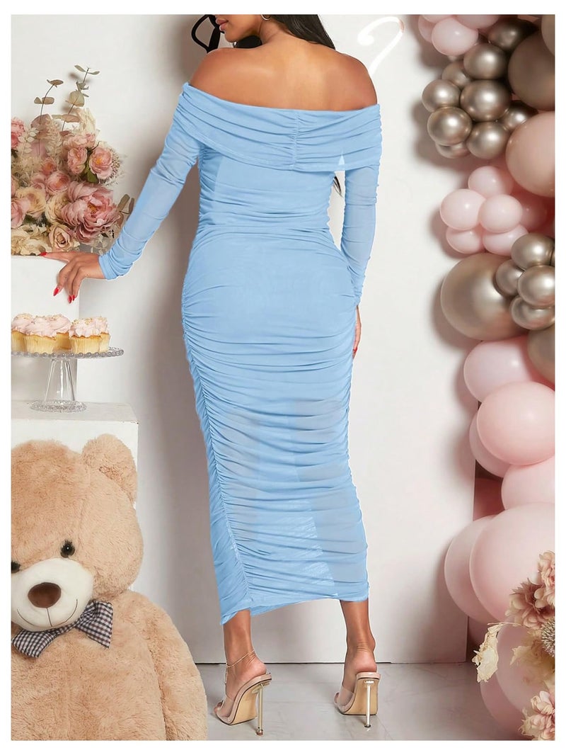 OYOANGLE Women's Maternity Dress Off the Shoulder Long Sleeve Ruched Elegant Bodycon Maxi Dresses Blue Large - Image 2