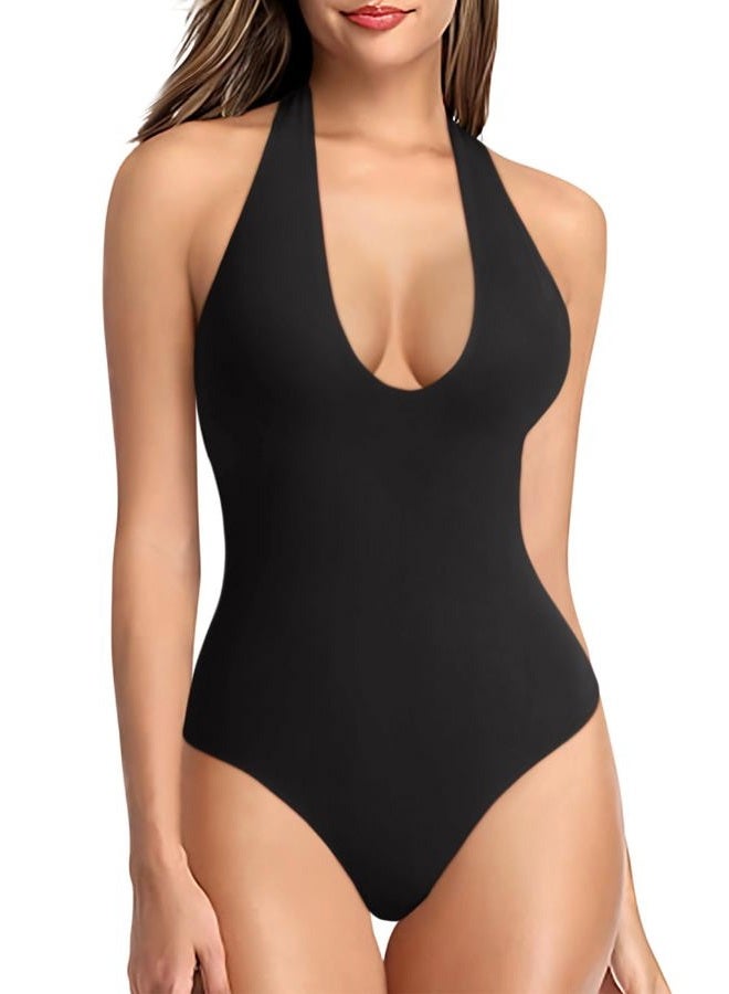 REORIA Bodysuits for Women Halter Tops 2025 Summer V Neck Backless Body Suits Tank Top Trendy Fashion Clothing, Black, M - Image 2