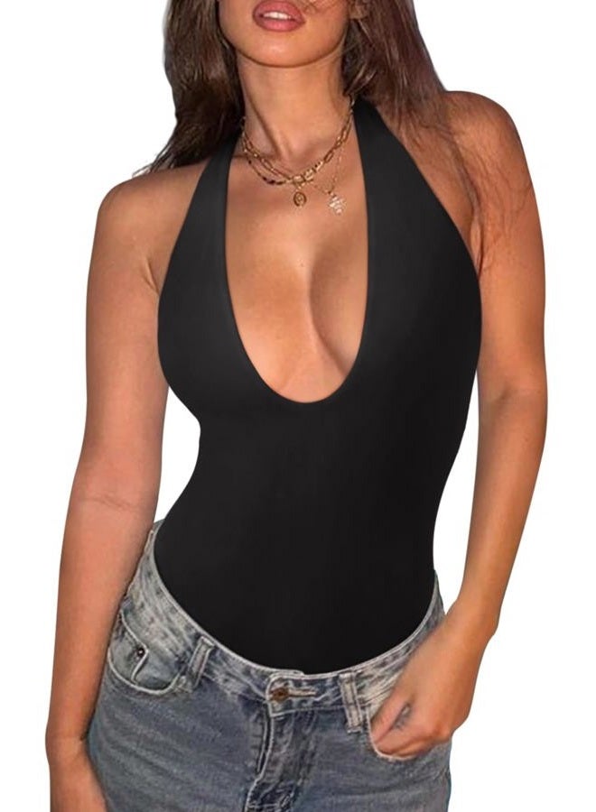 REORIA Bodysuits for Women Halter Tops 2025 Summer V Neck Backless Body Suits Tank Top Trendy Fashion Clothing, Black, M - Image 1