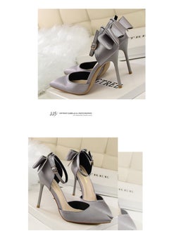 BIGTREE 10CM Elegant High Heels Satin Hollow Shallow Mouth Pointed Line With Hollow Bow Bow Women's Shoes Grey  - Image 2
