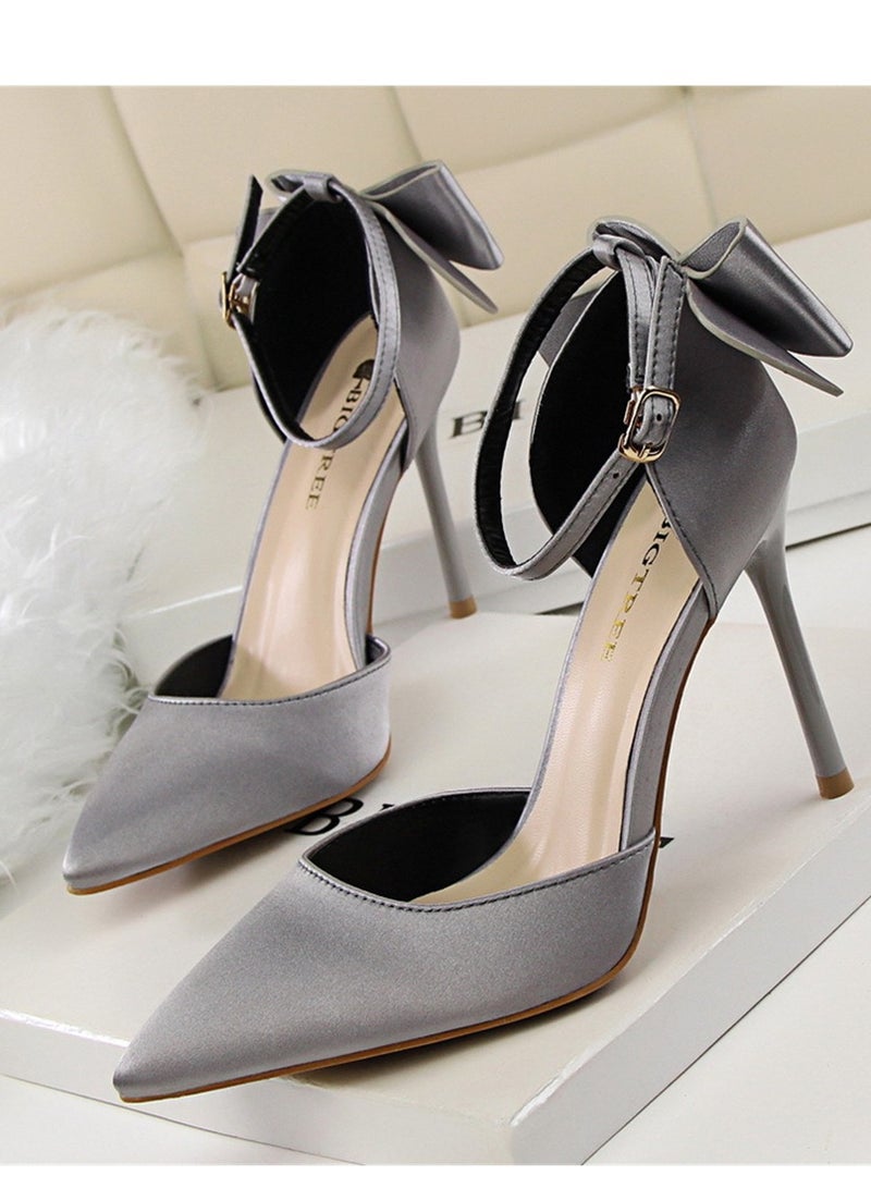 BIGTREE 10 سم كعب عالٍ أنيق ساتان مجوف بفم ضحل مع رباط مجوف أحذية نسائية رمادية - Image 1