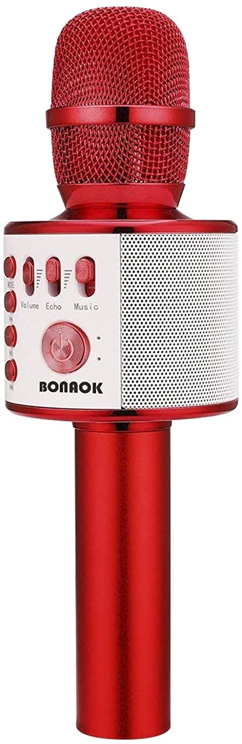 ميكروفون كاريوكي محمول لاسلكي بلوتوث BONAOK 3 في 1 ميكروفون يدوي مكبر صوت آلة حفلة عيد ميلاد منزلية لجهاز الكمبيوتر أو جميع الهواتف الذكية Q37 أحمر