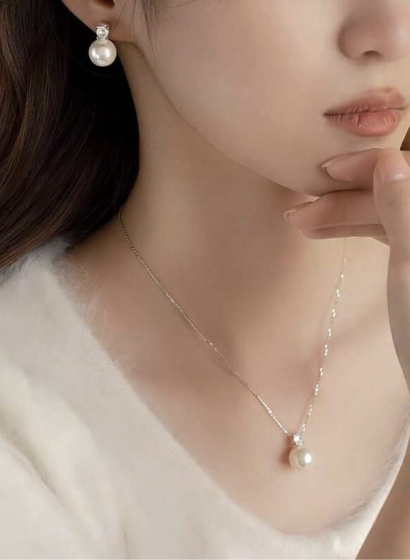 YUCCA Simple and Elegant Faux Pearl Necklace and Earrings Set 3 Pieces Set, Suitable for Women to Wear in Different Occasions Such as Wedding, Bridal Dress, Wedding Accessories - Image 2