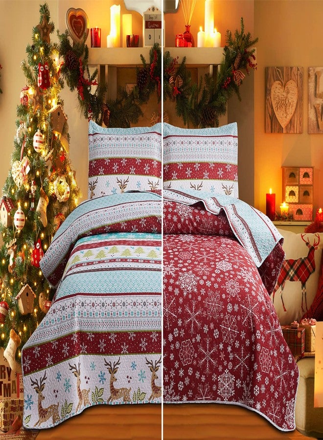 جيسي هوم طقم مفروشات جيسي هوم لعيد الميلاد - لحاف، غطاء سرير، غطاء سرير قابل للعكس - ديكور ريفي لمنزل العطلات بتصميم غزال وندفة ثلج - Image 1