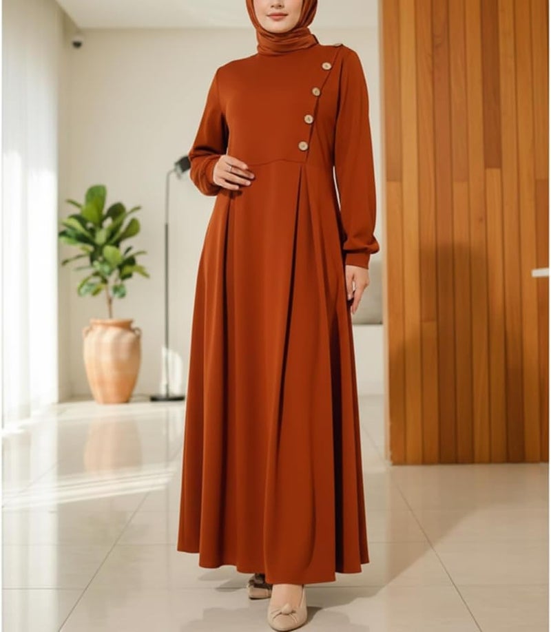 Women's Long Sleeve Solid Color Maxi Dress with Button Detail - Image 1