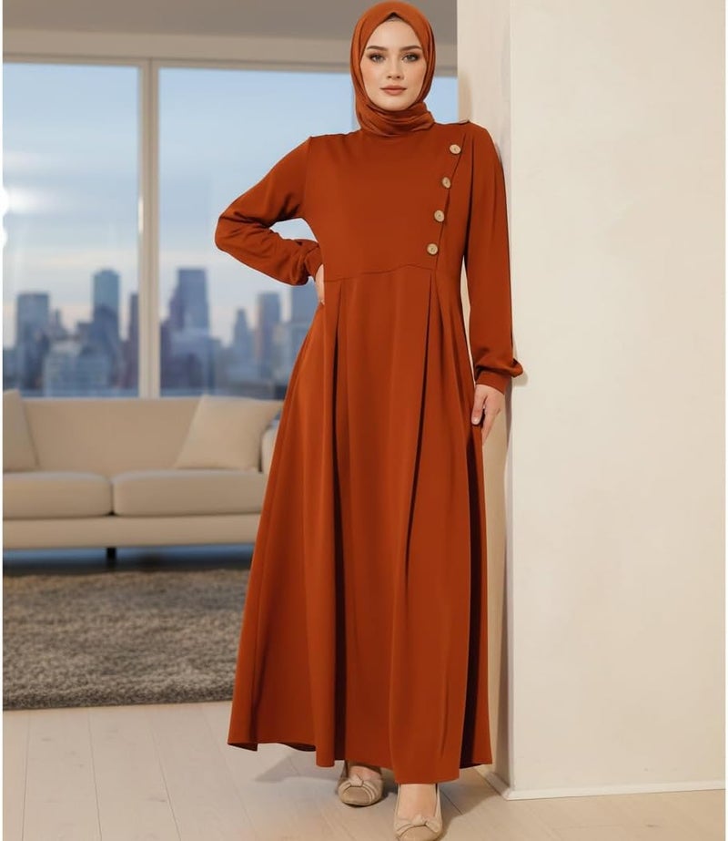 Women's Long Sleeve Solid Color Maxi Dress with Button Detail - Image 2