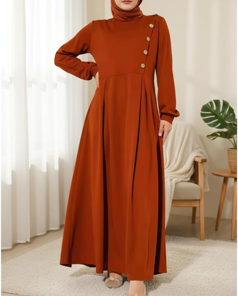 Women's Long Sleeve Solid Color Maxi Dress with Button Detail - Image 3