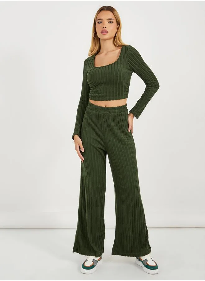 Styli Rib Knit Crop Top & Wide Leg Joggers Co-Ords