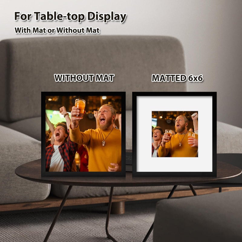 KINLINK 10x10 Picture Frame Black  Square Photo Frame with Plexiglass for Picture 6x6 with Mat or 10x10 without Mat  Composite Wood Picture Frame for Table Top and Wall Mounting - Image 4