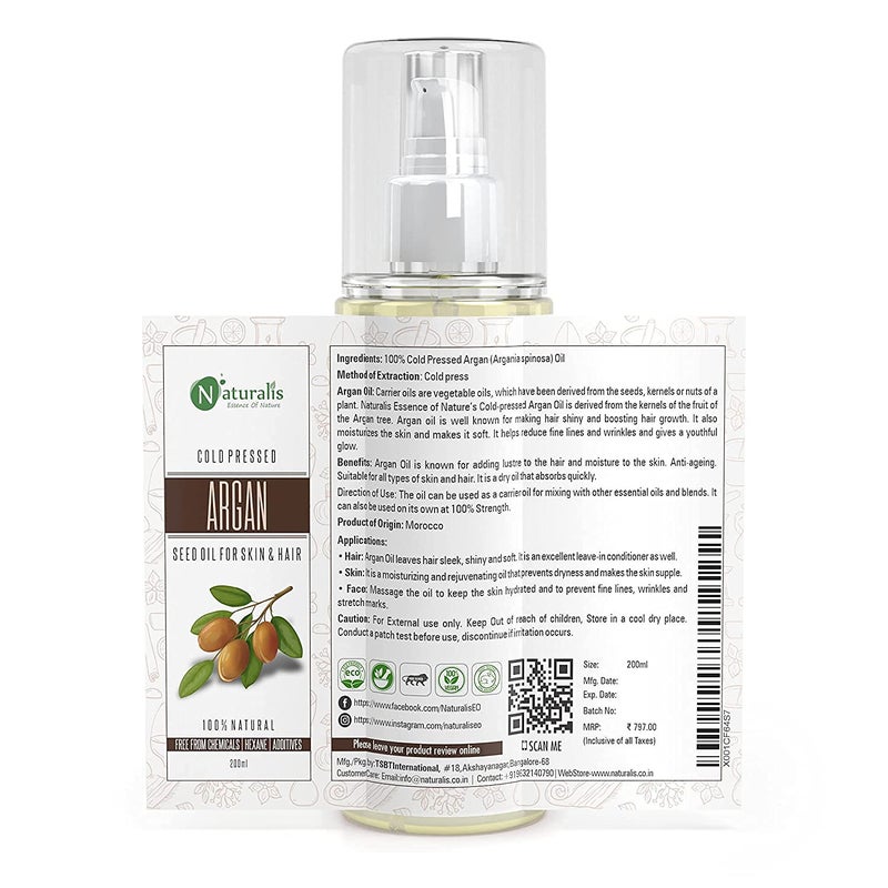 Naturalis Essence Of Nature Cold Pressed Argan Carrier Oil For Skin Lightening Pigmentation Stretch Marks Acne Scars Wrinkles AntiAging 200 Ml Argan - Image 2