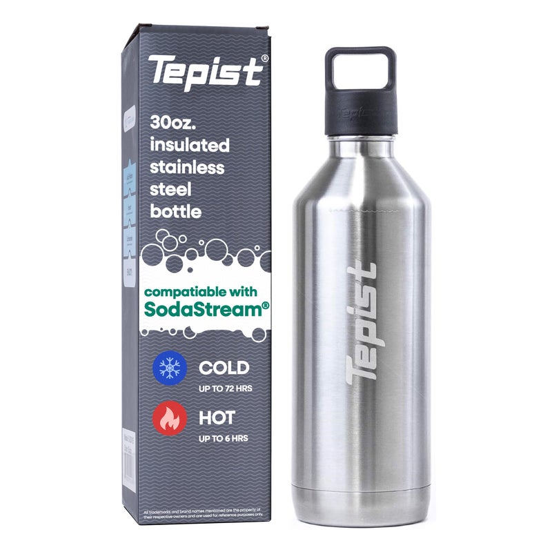 Tepist Tepist ThirtyO 30oz Stainless Steel Bottle Compatible with Sodastream Machines  Silver  Vacuum Sealed  Double Walled  LeakProof  Easy to Carry  Reusable Bottle 